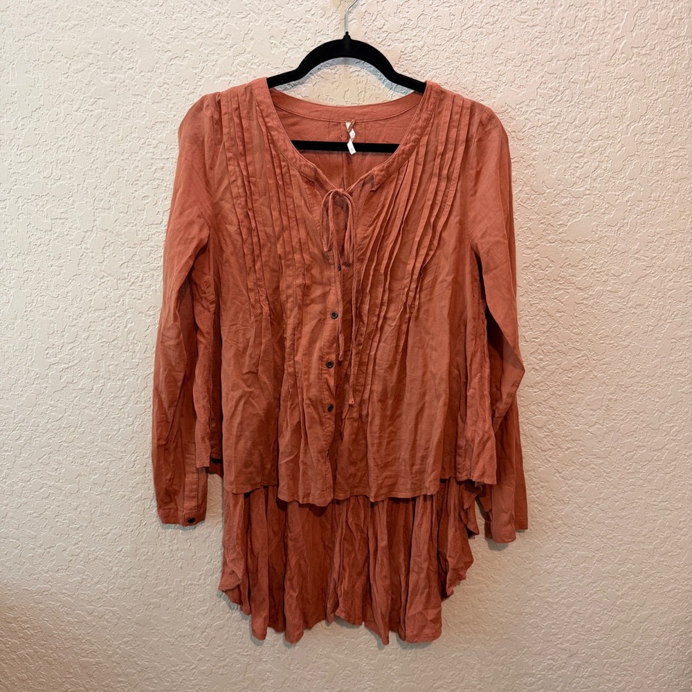 Free People Pintuck Pleated‎ Tunic XS Boho Peasant Cottagecore Terracotta